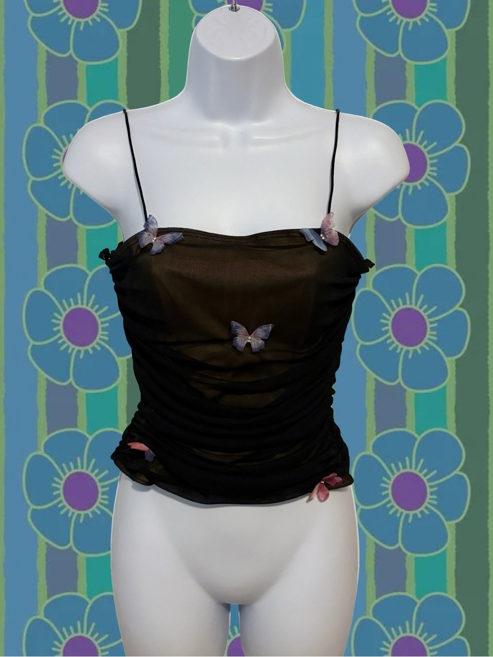 Vintage Black Sheer Butterfly-Accent Camisole